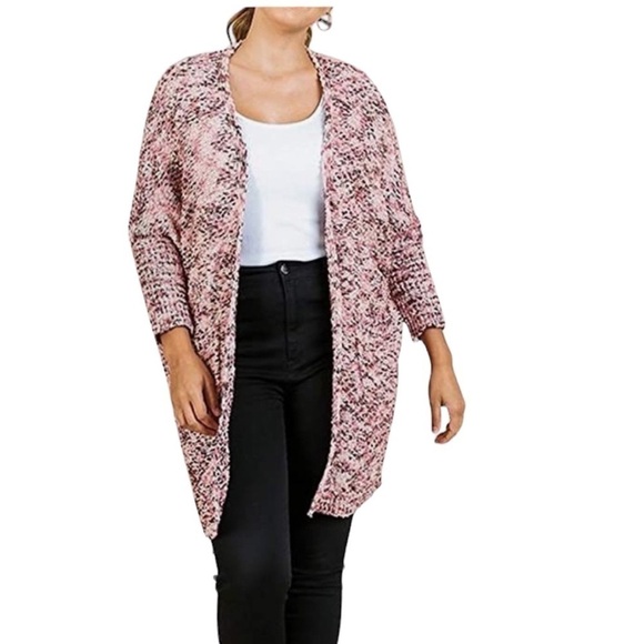 UMGEE Open Front Boucle/Teddy Knit Long Cardigan in Pink/Brown Size Medium - Picture 1 of 9